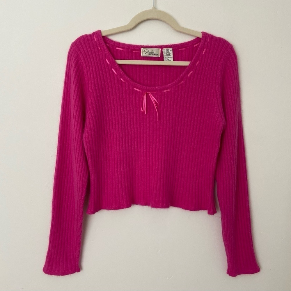 Vintage Holt Renfrew Pink Angora Sweater Bow Detail size Medium Hot Pink Y2K